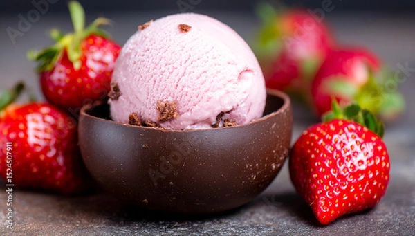 Obraz Choco-strawberry delight!. A rich chocolate bowl holds creamy pink ice cream topped with chocolate pieces and surrounded by fresh strawberries.