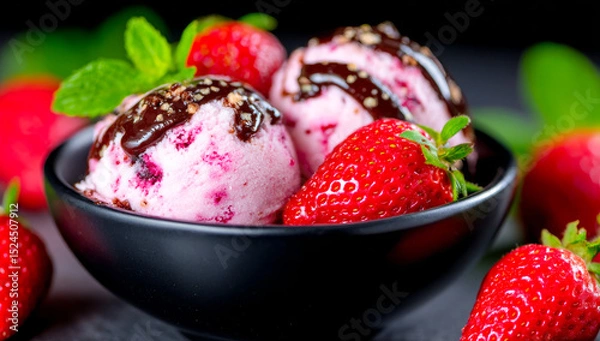 Obraz Delicious strawberry dessert in a bowl. Two scoops of strawberry ice cream topped with chocolate sauce and fresh strawberries, served in a black bowl with mint.
