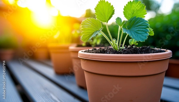 Obraz Strawberries in morning light. Strawberry plants thrive in terracotta pots under golden morning sunshine in a garden setting.
