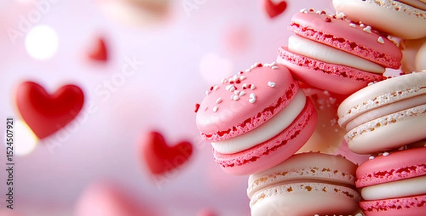 Obraz Sweet macarons with hearts as decoration. Delicious pink and white macarons are stacked among floating red hearts, perfect for a romantic celebration.