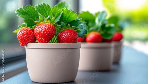 Obraz Fresh strawberries in small clay pots. Red ripe strawberries nestled in small pots are arranged neatly on a table, capturing a sunny afternoon mood.