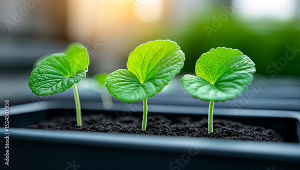 Obraz Potted plants in sunlight. Three young green plants are emerging from soil in small pots, illuminated by warm sunlight in a garden setting.