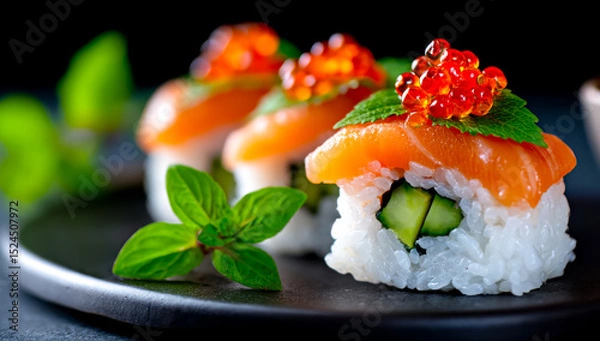 Obraz Salmon avocado sushi rolls. Delicious sushi rolls prepared with fresh salmon, avocado, and garnished with wasabi on a dark plate.