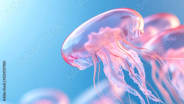 Obraz Graceful jellyfish in clear water. Graceful jellyfish glide through the crystal clear water, showcasing their translucent bodies and delicate movements.