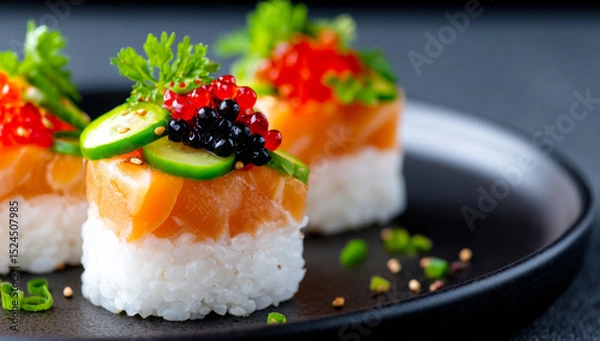 Obraz Fresh sushi rolls with vibrant toppings. Three sushi rolls on a black plate, topped with salmon, caviar, and veggies, showcase culinary artistry.
