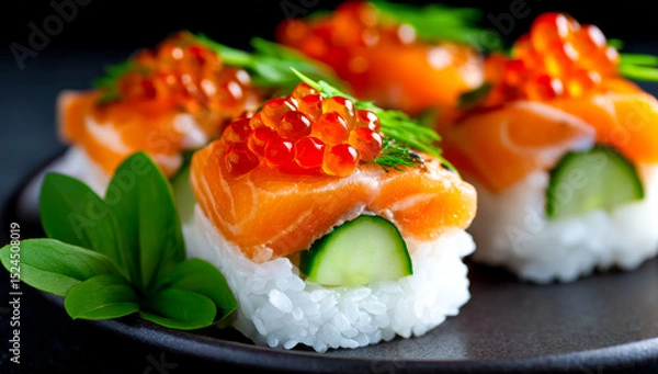 Obraz Fresh salmon roe sushi served. Colorful sushi featuring fresh salmon, roe, and cucumber on a black plate garnished with greenery.