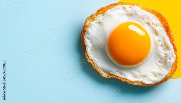 Obraz Yellow yolk egg on blue bg. A perfectly cooked fried egg features a golden yolk surrounded by white on a light blue surface.