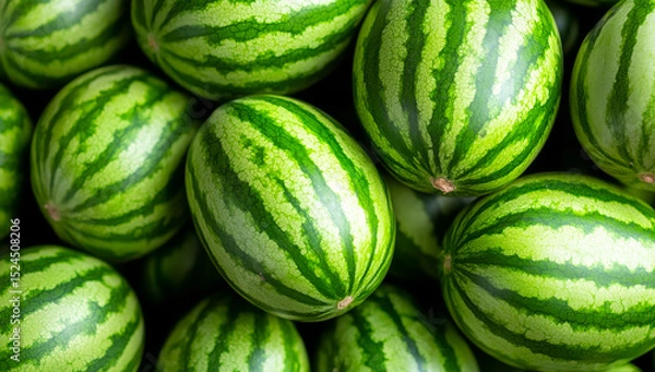 Obraz Watermelons at market stall. Fresh watermelons with green stripes are stacked high in a bustling market stall under bright natural light.