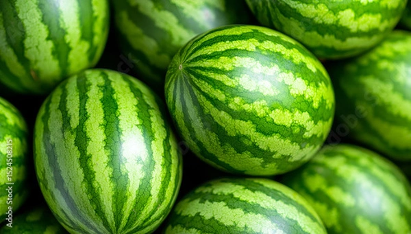 Obraz Fresh watermelons stacked at a market. Bunches of vibrant green watermelons are stacked together, ready for sale at a local market in summer.