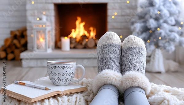 Obraz Cozy winter afternoon by the fireplace. Enjoying a warm beverage while relaxing by the fire on a chilly winter afternoon, surrounded by festive decorations.