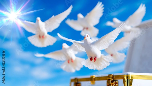Obraz Doves soar in blue skies. White doves take flight from a golden box against a bright blue sky, symbolizing peace and freedom.