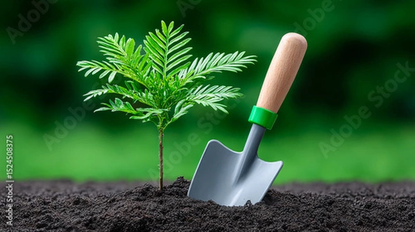 Obraz Small tree planting in a lush garden. A young tree is planted in dark soil, with a small gardening shovel beside it in a vibrant green garden setting.