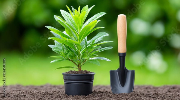 Obraz Gardening activity with plant and trowel. A small potted plant stands beside a hand trowel on rich soil in a lush garden setting during daylight.