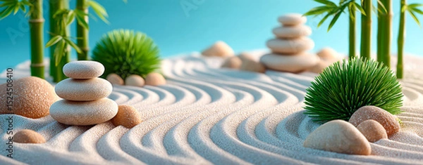 Obraz Zen sand garden with stones. A serene sand garden features stacked stones, gentle patterns in the sand, and lush green plants basking in sunlight.