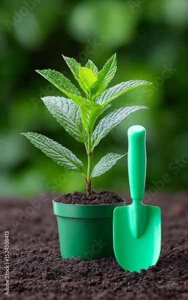 Obraz Growing mint plant in green pot. A young mint plant thrives in a green pot with rich soil, accompanied by a small gardening tool on a blurred background.