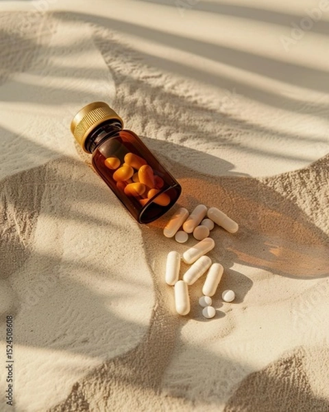 Obraz A product photo of an amber glass supplement bottle with a gold cap, lying on its side on warm beige desert sand, a few white capsules spilled out next to it