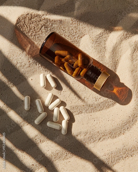 Obraz A product photograph of a supplement bottle made of amber glass with a gold cap lying on its side on sand that's a shade of warm beige, with some white capsules spilling out near it.