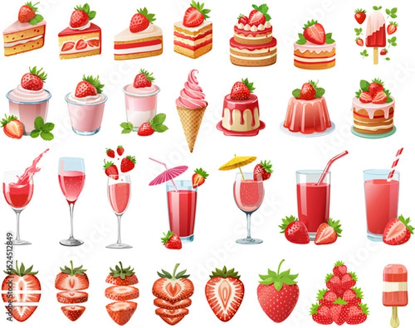 Obraz A collection of strawberry-themed desserts and beverages, showcasing a variety of sweet treats. Each item is bursting with fresh strawberry goodness
