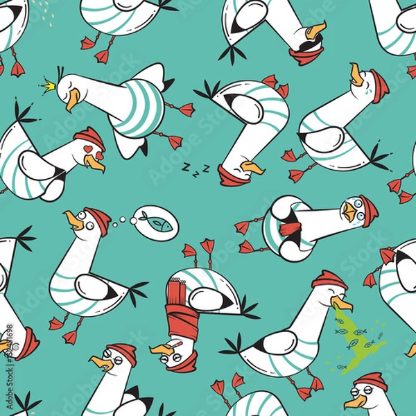 Fototapeta Cartoon seagull seamless pattern, vector design