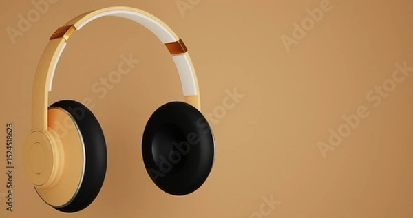 Fototapeta Yellow wireless headphones floating on yellow background. Bright and cheerful music gear for energetic users, perfect for travel, fun and digital joy. Soft padded cushions and sleek design. 3D Render