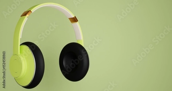 Fototapeta Green wireless headphones floating on green background. Eco-style music gadget with over-ear design for comfort, listening and relaxation. Digital audio technology for modern users. 3D Render