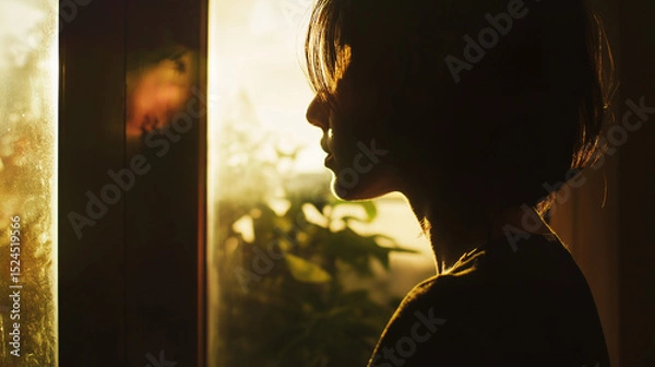 Fototapeta Silhouette of a girl with short hair gazing out a window in the morning, as soft tree shadows filter through the glass.
