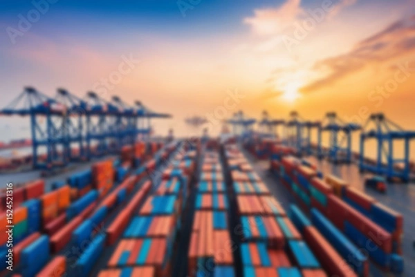 Fototapeta Blurry photo Container ship and loading and unloading port with cranes industrial forwarding import export international worldwide, sunset, blurry port wallpaper.