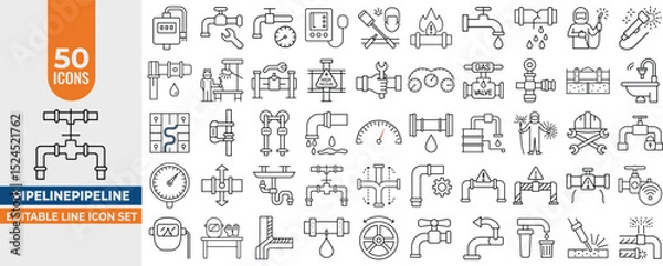 Fototapeta Editable Plumbing & Pipeline Icons – 50 Vector Line Icons for Water, Gas, Oil, Welding, and System Maintenance