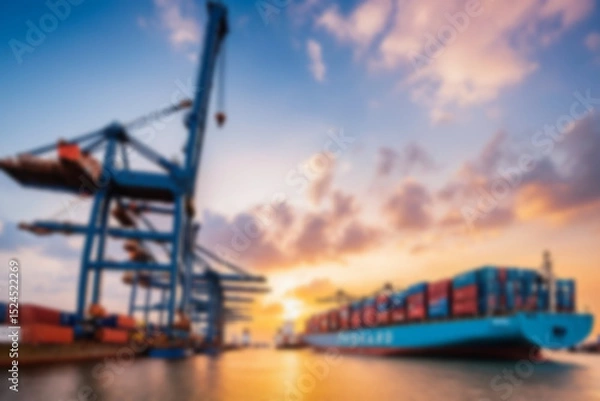 Fototapeta Blurry photo Container ship and loading and unloading port with cranes industrial forwarding import export international worldwide, sunset, blurry port wallpaper.