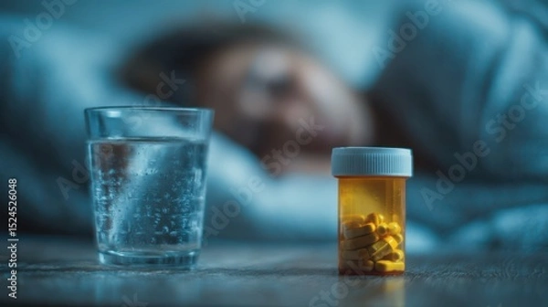 Fototapeta On a bedside table, a glass of water sits next to an orange pill bottle, with a person resting in the dim light of the room. It captures a moment of nighttime tranquility