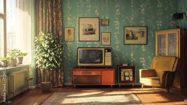 Obraz Nostalgic retro living room with vintage television, furniture and patterned wallpaper