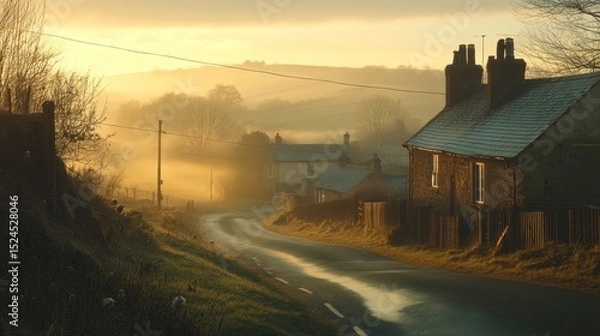 Fototapeta Rural Serenity: A Foggy Dawn in a Quaint English Village Landscape
