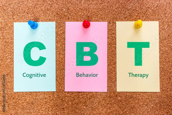 Fototapeta Conceptual 3 letters keyword CBT (Cognitive Behavioral Therapy), on multicolored cards attached to a cork board.