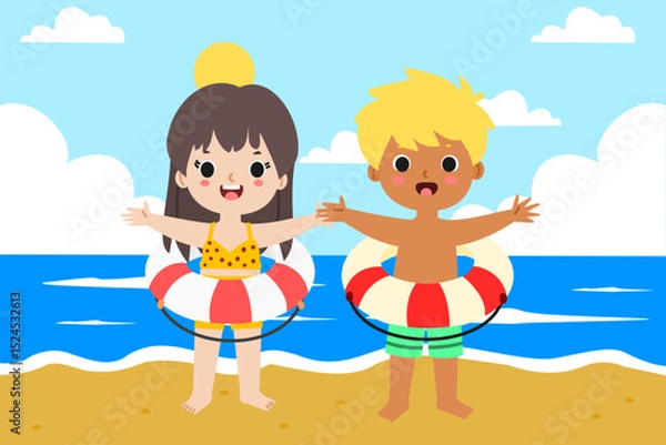 Obraz Kids playing with swim rings on the beach vector illustration
