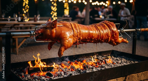Fototapeta cochon de lait en train de cuire lentement sur une broche, dans une ambiance de fête en plein air