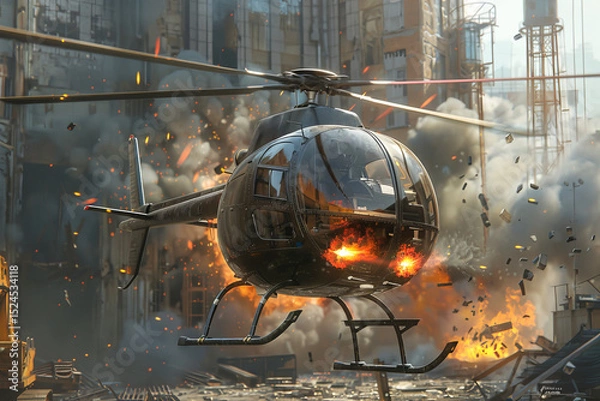 Fototapeta High-end helicopter  with cinematic black smoke and gray haze