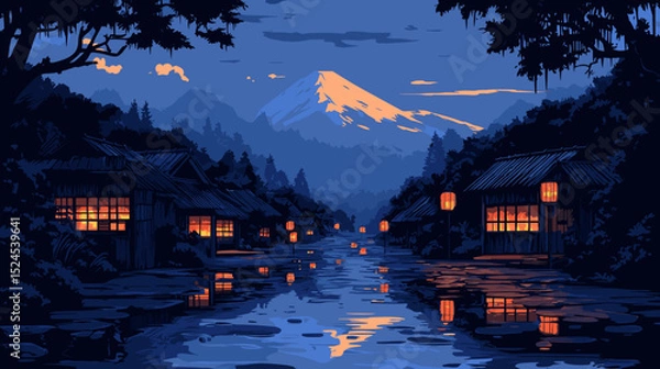 Fototapeta Stylized vintage illustration of a countryside village under torrential rain, bamboo huts with thatched roofs, waterlogged paths reflecting neon lantern glow at dusk