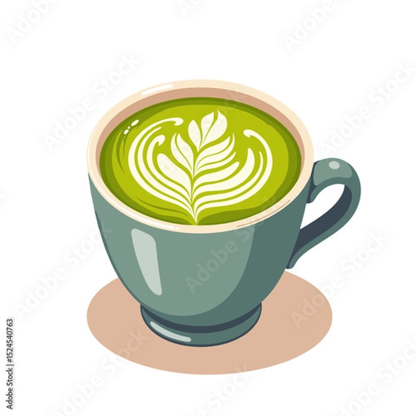 Obraz Matcha latte in ceramic cup vector, vibrant colors on transparent background, ideal for beverage promotions, recipes, and health blogs