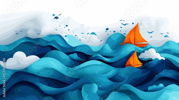 Fototapeta Mid-century poster design showing a winding river swollen from the rainy season, boats navigating rising currents beneath dramatic storm clouds and falling raindrops