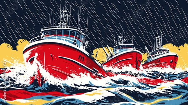 Fototapeta Mid-century poster design showing a winding river swollen from the rainy season, boats navigating rising currents beneath dramatic storm clouds and falling raindrops