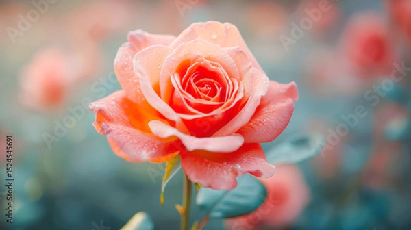 Fototapeta Beautiful pink rose blooming in a garden surrounded by soft green foliage and gentle light