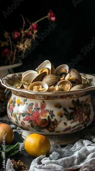 Fototapeta Clam chowder in a floral tureen with copy space