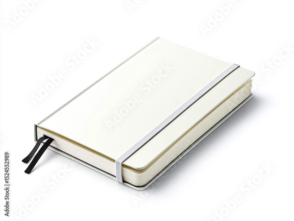 Obraz Blank notebook with white cover and elastic band lying white surface ready for writing or sketching simple and clean design versatile for personal or professional use perfect for note taking