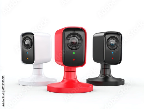 Obraz Set of three modern webcams in white, red, and black colors with privacy shutters and indicator lights, designed for home or office use, showcasing sleek and compact technology