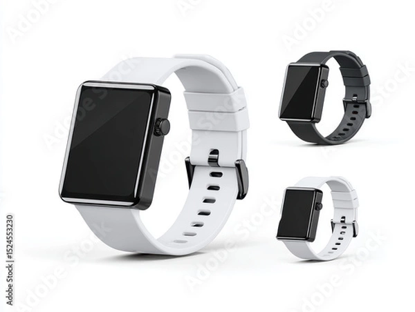 Fototapeta Modern smartwatch with sleek rectangular display and adjustable strap, shown in black and white, designed for fitness and daily use, with minimalist style and digital interface