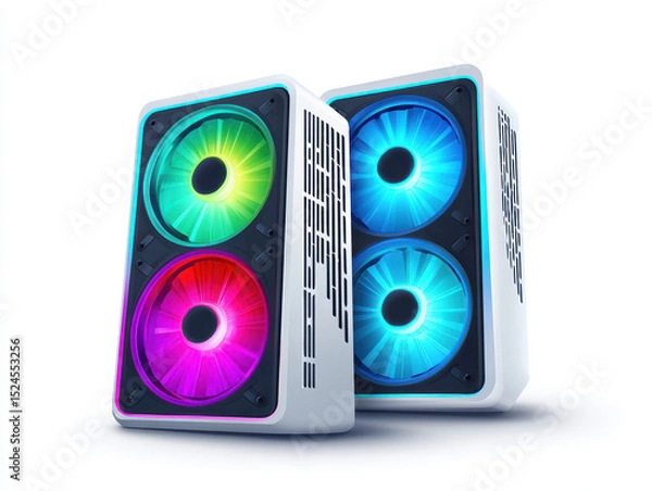Obraz Colorful RGB computer case fans with dual cooling fans and vibrant lighting effects, designed for gaming or high performance PCs, showcasing modern cooling technology and sleek white casing