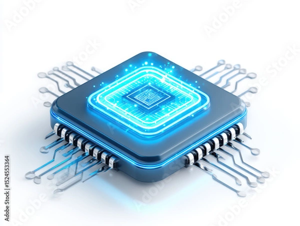 Fototapeta Digital illustration of microprocessor or computer chip with glowing blue circuit lines and futuristic design, representing advanced technology and computing power