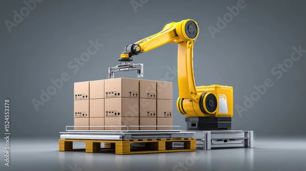 Obraz Robotic arm stacking boxes onto pallet warehouse or factory setting, demonstrating automation and industrial technology, with sleek and modern design, bright yellow color, and precise movement