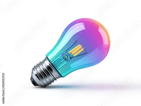 Obraz Colorful LED light bulb with rainbow gradient effect, showcasing modern and energy efficient design, isolated on white background, symbolizing innovation and bright ideas