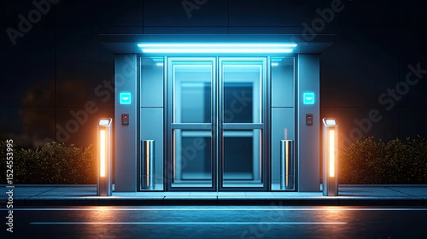 Obraz Entrance to secure data center featuring biometric access with illuminated doors and security barriers at night, creating futuristic and high tech atmosphere